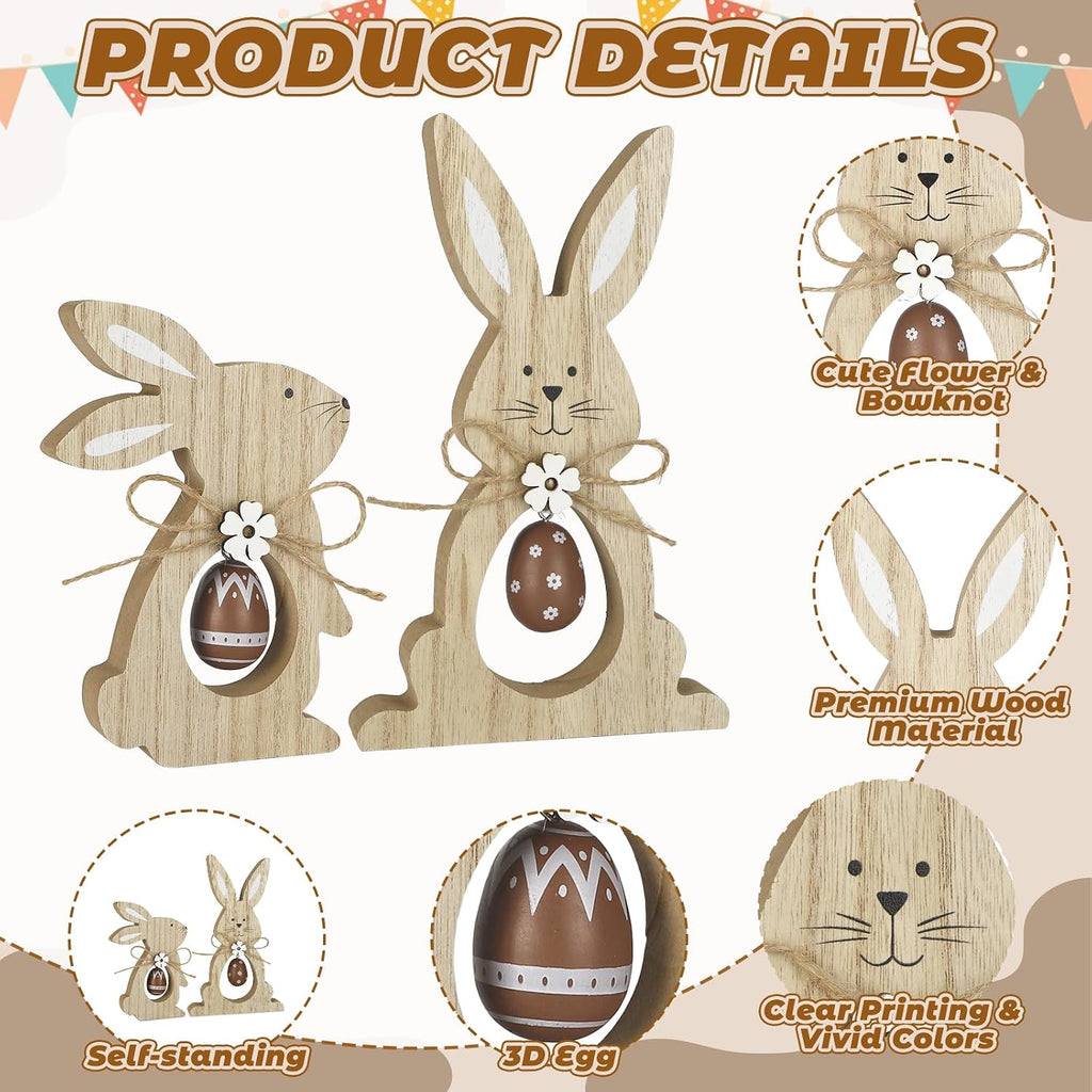 Easter Decorations Wooden Bunny Tiered Tray Decor Happy Easter Table Centerpieces Farmhouse Rabbit with Egg - Set of 2