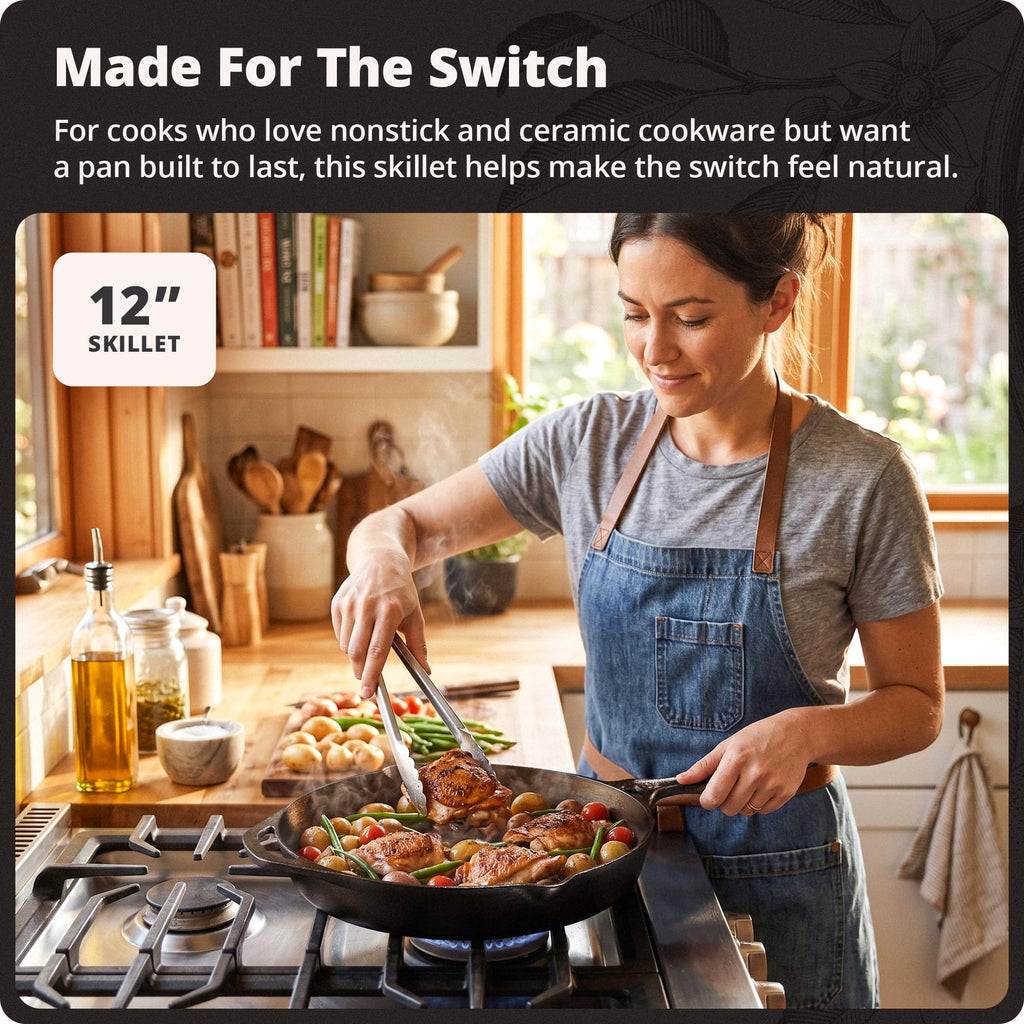 12" Cast Iron Skillet, Smooth Surface, Nonstick-Like Release