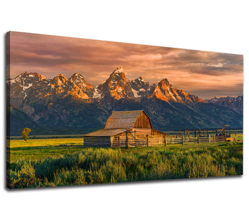 National Park Barn Canvas Wall Art Country Farmhouse Wall Decor Artwork Sunset Moulton Barn Grand Tetons National