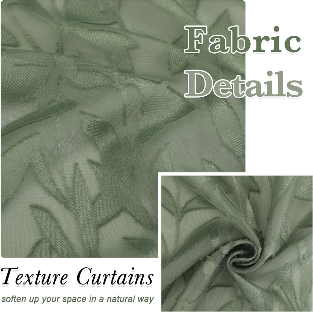 Leia 14 Inch Sage Valance for Window Green Sheer Curtains 2 PCS, Jacquard Texture Leaves Semi Voile Living Room