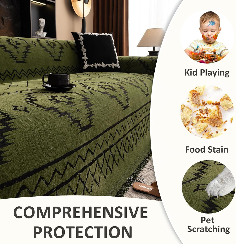 Bohemian Green Couch Cover for Dog, Non Slip Sectional Sofa Covers Furniture Protector Washable Tribal Pattern Couch