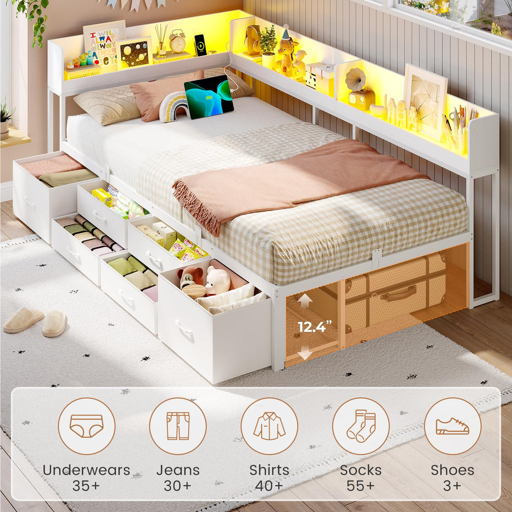 Corner Bed Frame with 6 Drawers, Twin XL Daybed Bookcase Storage