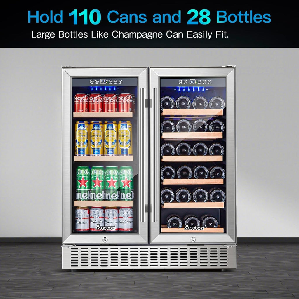 30 Inch Dual Zone Wine and Beverage Cooler,28 Bottles & 110 Cans Wine Fridge,Bui