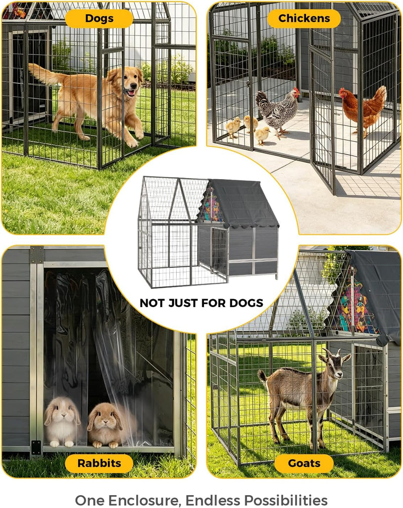 87" Heavy Duty Metal Dog Run Enclosure, with Waterproof Roof Wooden Dog House