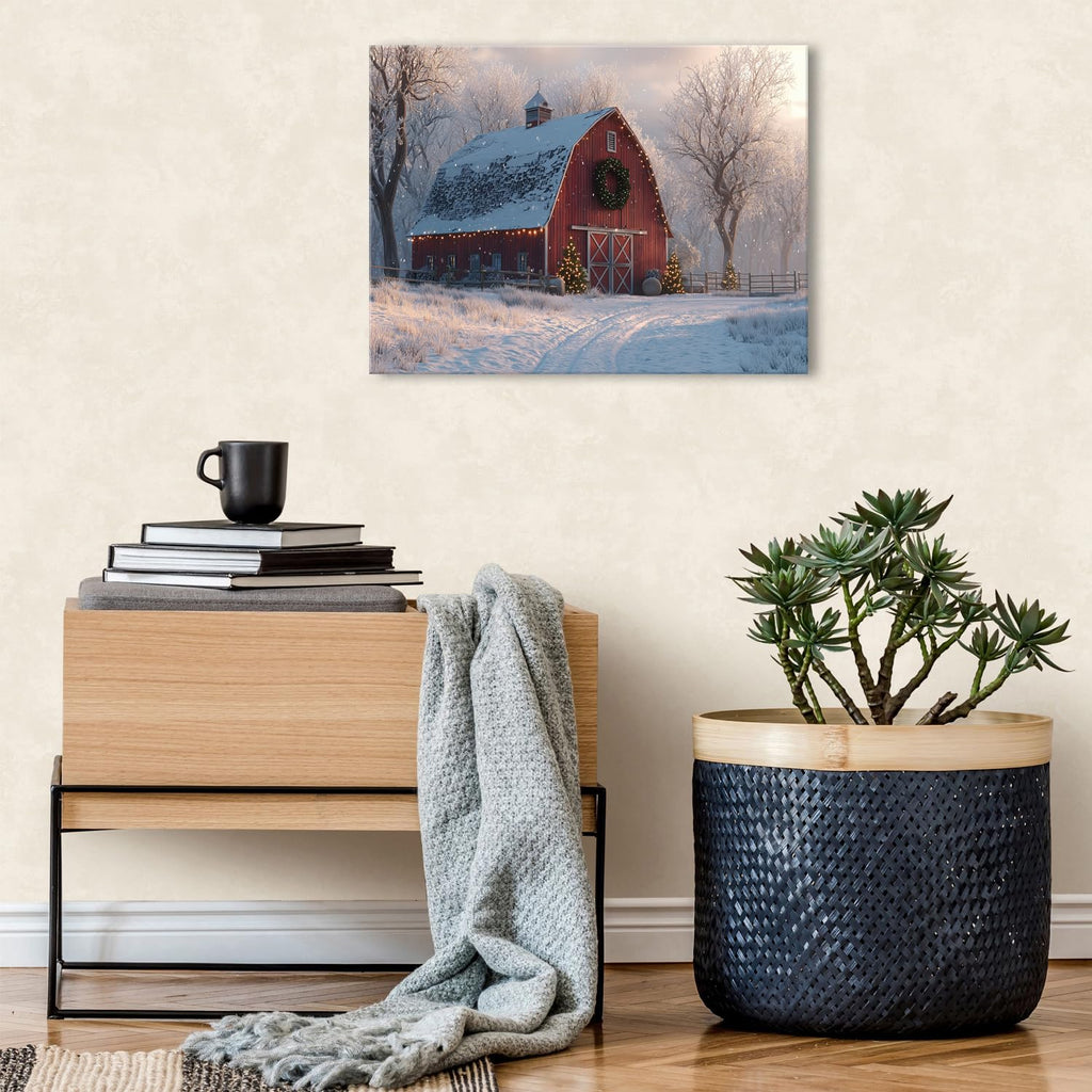 Christmas Farmhouse Canvas Wall Art Red Barn Pictures Wall Decor Christmas Tree Poster Vintage Snowy Country Prints