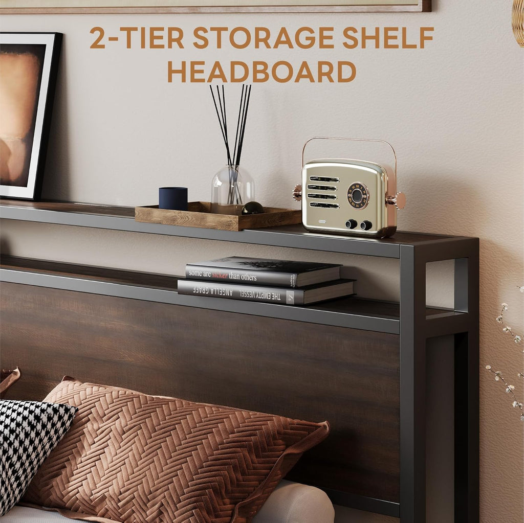 Queen Bed Frame with Headboard, Dark Wood Camas Queen with Strong Supports, Sturdy, Noise-Free, No Box Spring Needed