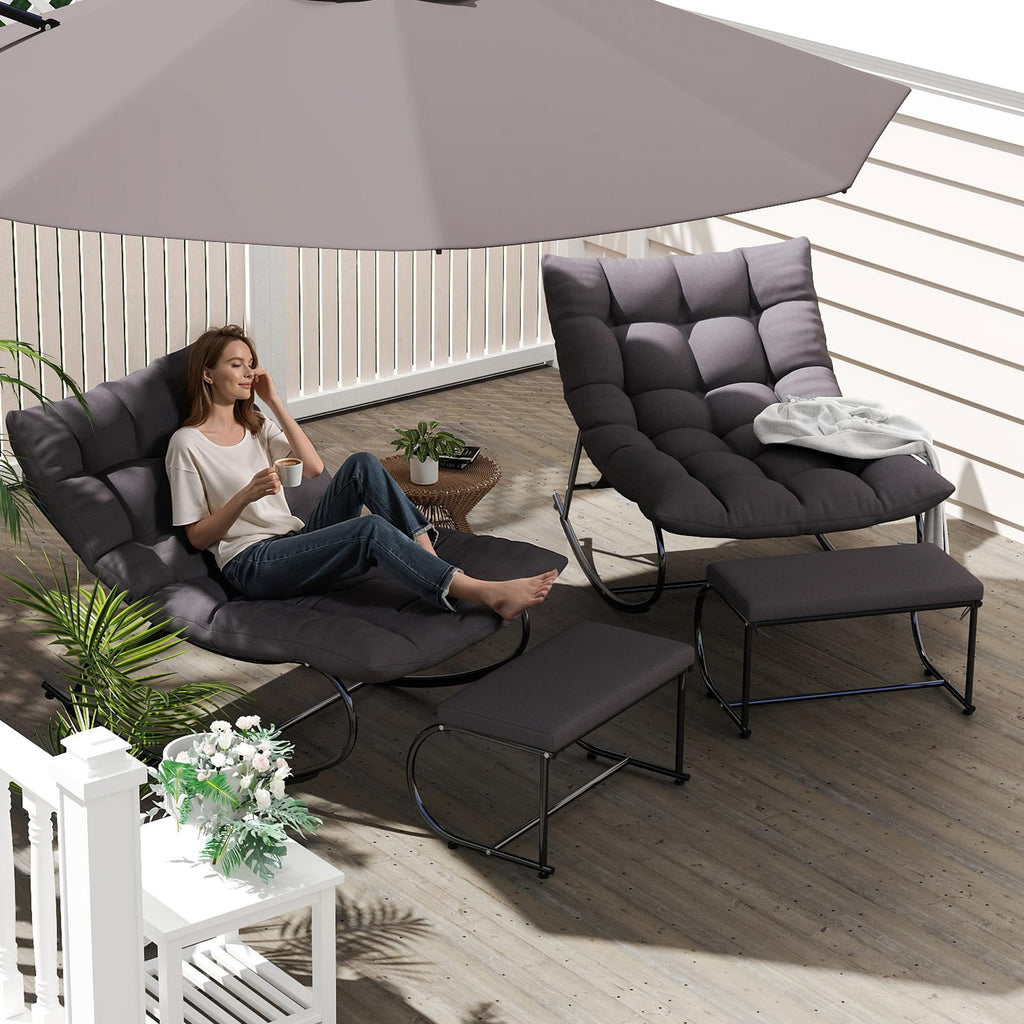 Upholstered Outdoor Rocking Chairs, Modern Patio Rocking Chair Set of 2 with Foot Rest, Sturdy Metal Papasan Rocking