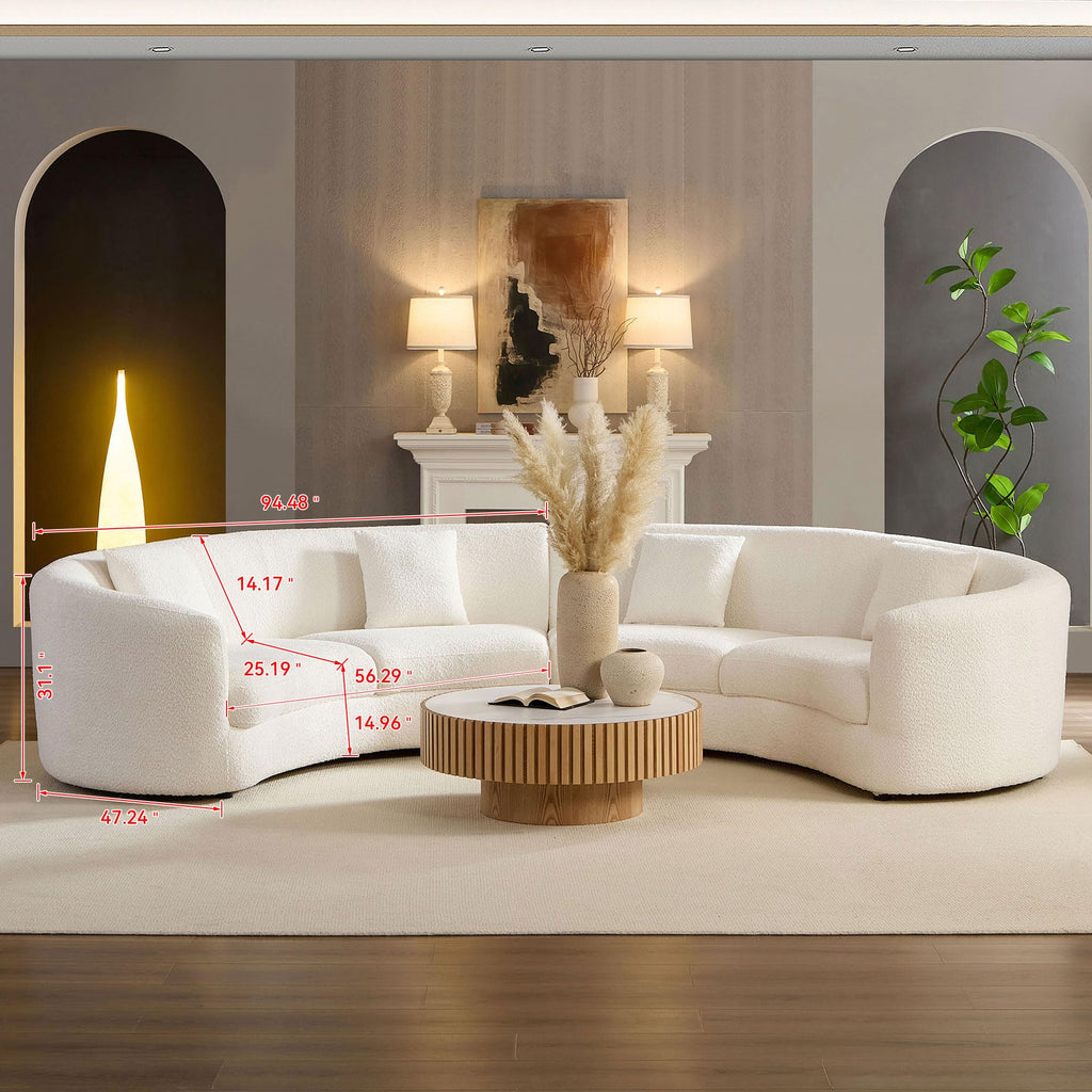 Curved Sectional Sofa, 140.94", 4 Seat, Pillows, Oversized, Boucle, White