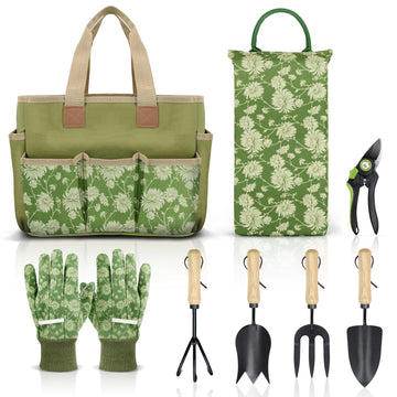 Garden Tools Set, 8 Piece, Heavy Duty Gardening Tools with Wooden Handle, Including Garden Tote, Kneeling Pad