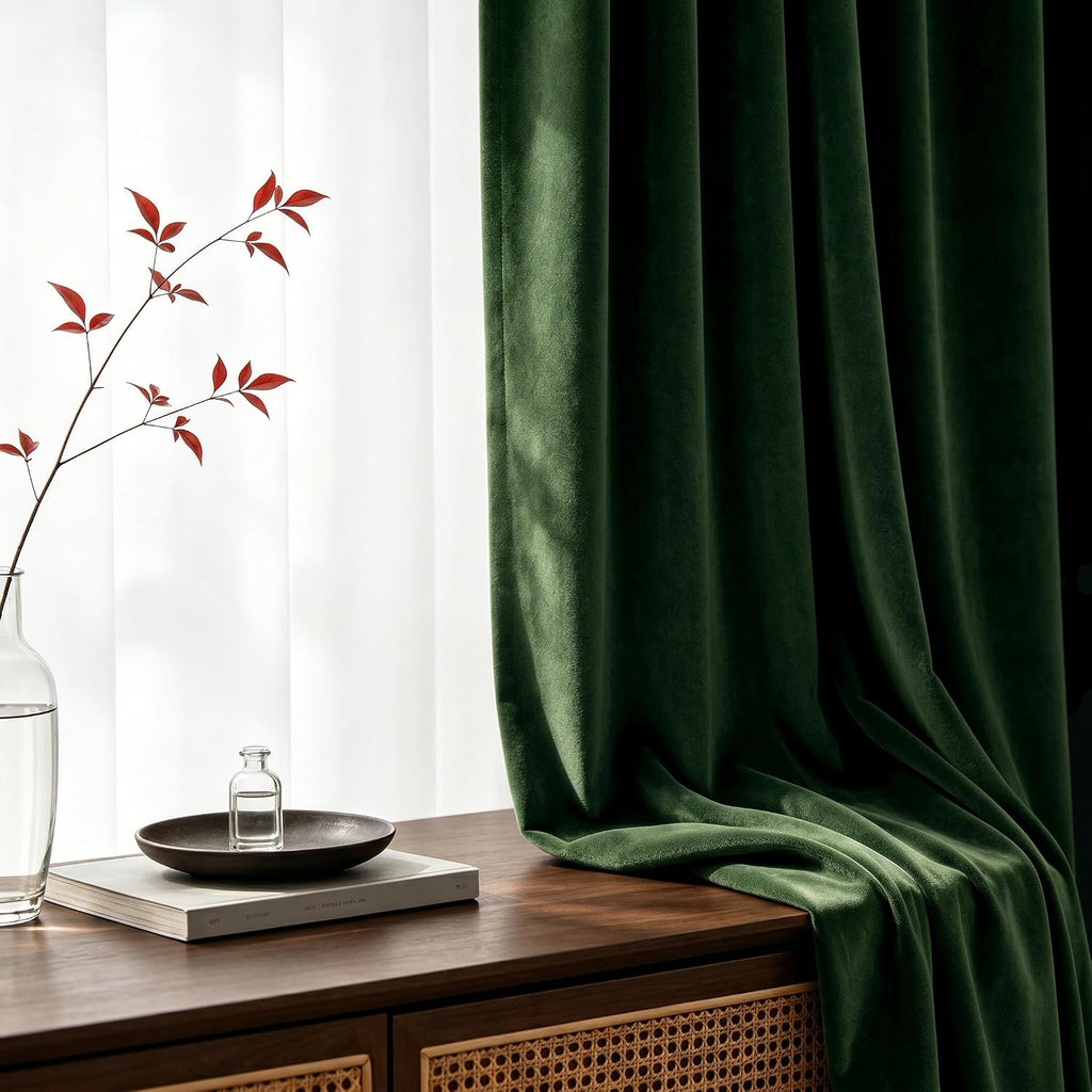 Dark Green Velvet Curtains for Bedroom Window with Back Tab, Super Soft Vintage Luxury Heavy Drapes, Room Darkening