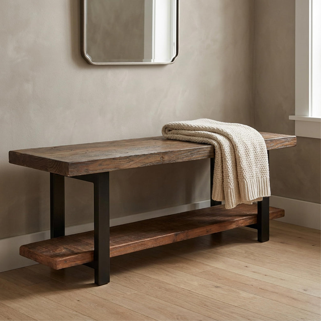 Pomona Entryway Bench with Shoe Rack, Rustic Brown, 48"