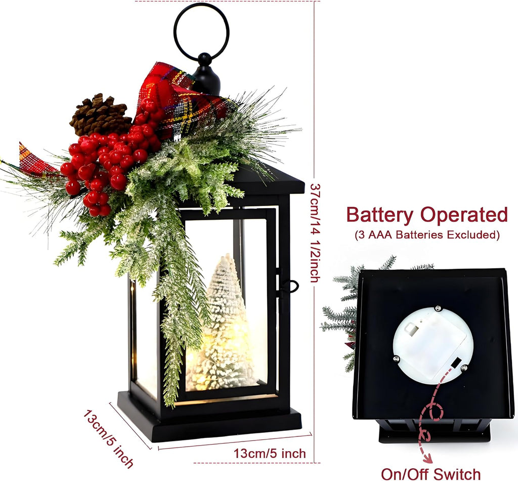 2Packs 14" Lighted Christmas Lanterns, Hanging Christmas Lantern Decorative with Snow-Covered Tree, Bow & Pine Cone