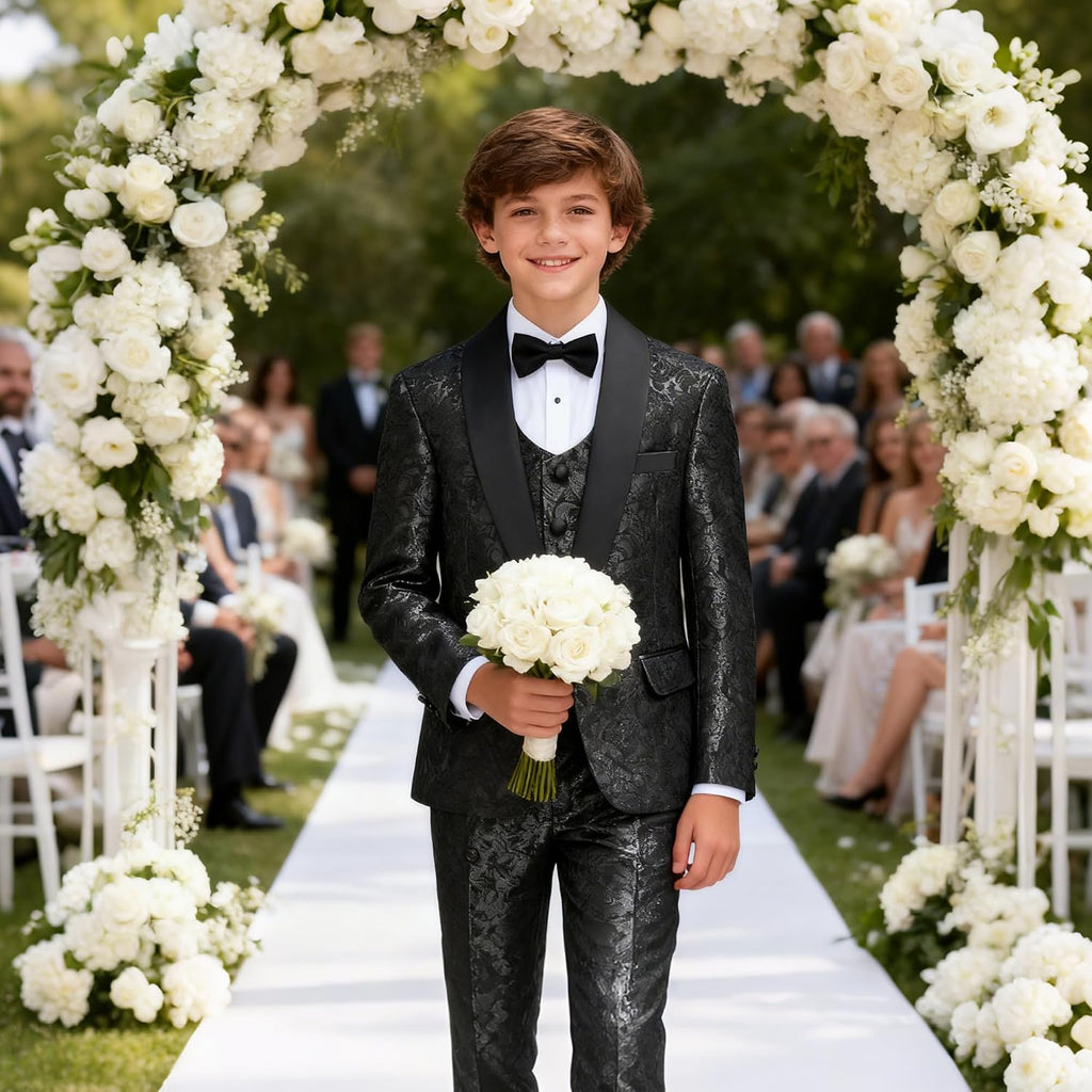 Boys Suit 3 Pieces Slim Fit Tuxedo Formal Set with Floral Jacquard Jacket Pant Vest for Wedding Prom Party