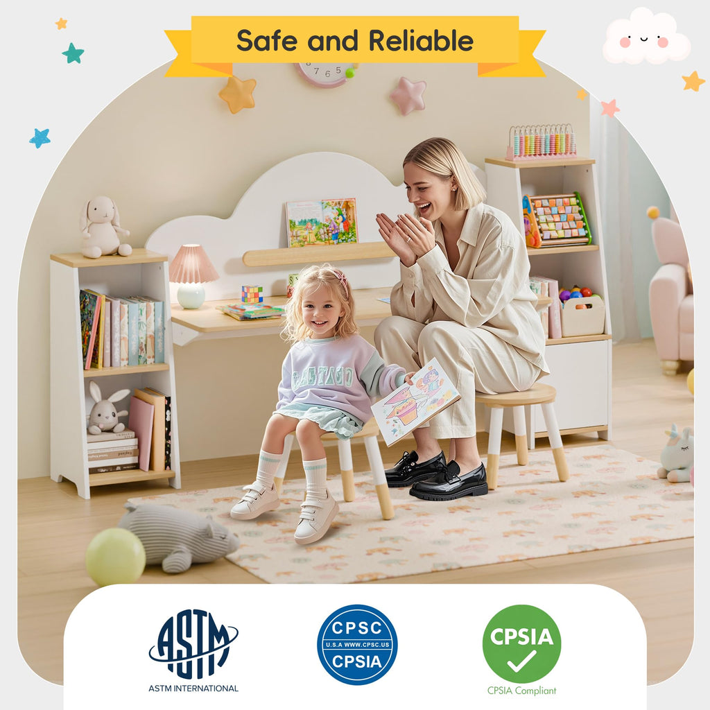 Kids Desk with Storage and 2 Stools, Wooden Children Study Desk and Chair Set with 5 Bookshelves & Cabinets