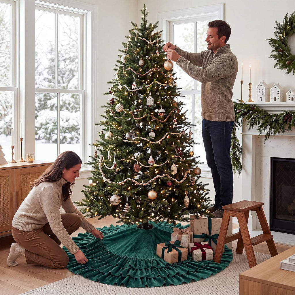 48 Inch Green Velvet Christmas Tree Skirts Ruffled Tree Skirt