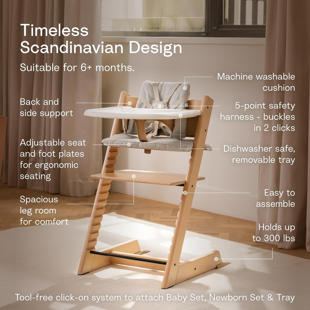 Tripp Trapp High Chair with Tray + Cushion, Natural Nordic Grey | Includes Chair, Baby Set, Removable Harness, Tray