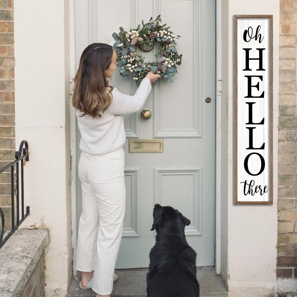 Oh Hello There Welcome Sign For Front Porch Standing 45"X9" Tall Wood Frame Outdoor Vertical Decor for Farmhouse