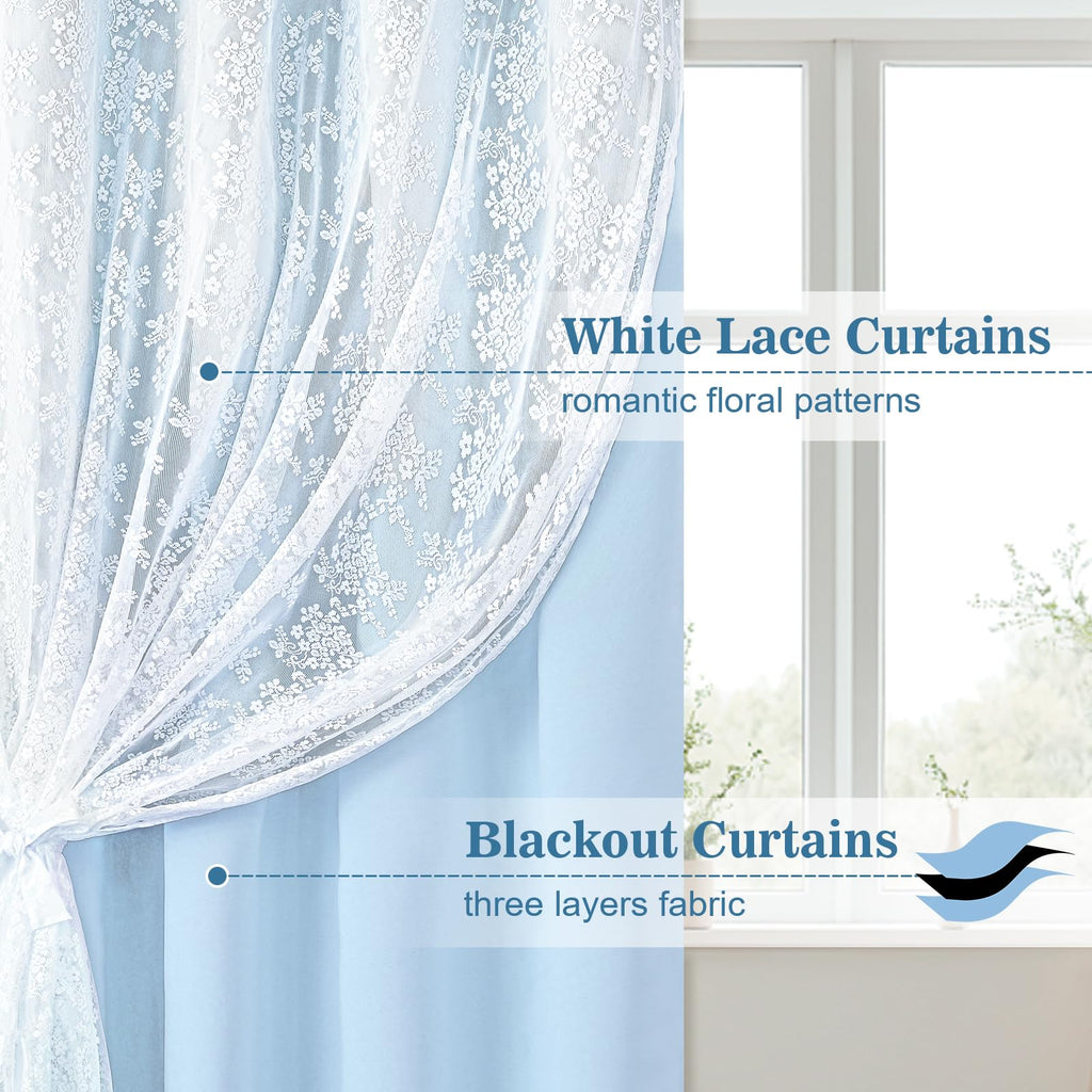 Blue Kitchen Curtains 36 Inch Length Double Layer Blackout Cafe Curtains with Floral Sheer Overlay Rod Pocket Short