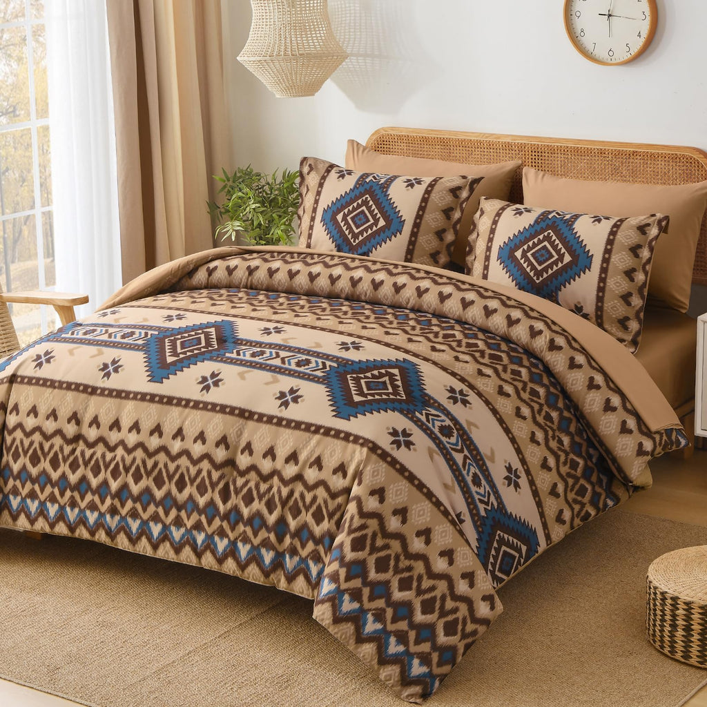 Queen Size Brown Comforter Set, 7 Pieces Boho Aztec Bed in a Bag, All-Season Bedding Set with Sheets & Pillow Shams