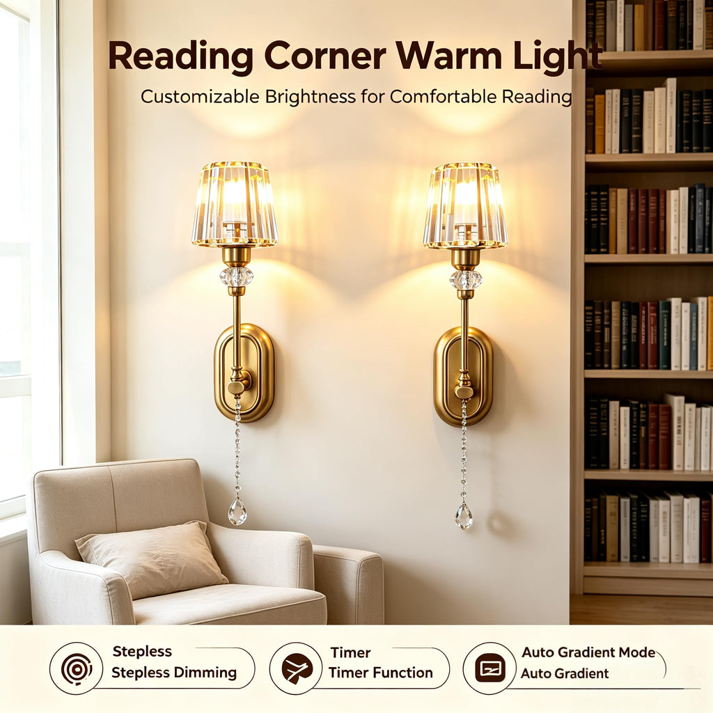 2 Pack Rechargeable Gold Crystal Wall Sconces, 5000mAh Battery Operated Wireless Wall Lamp, 15 Color Changing