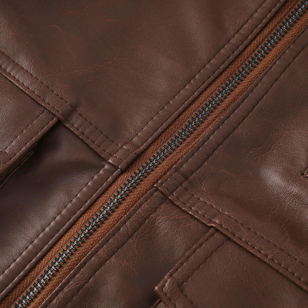 Kids Brown Vintage Style Aviator Quilted Faux Leather Jackets Boys Warm Padded Biker Motorcycle Bomber Pu Leather