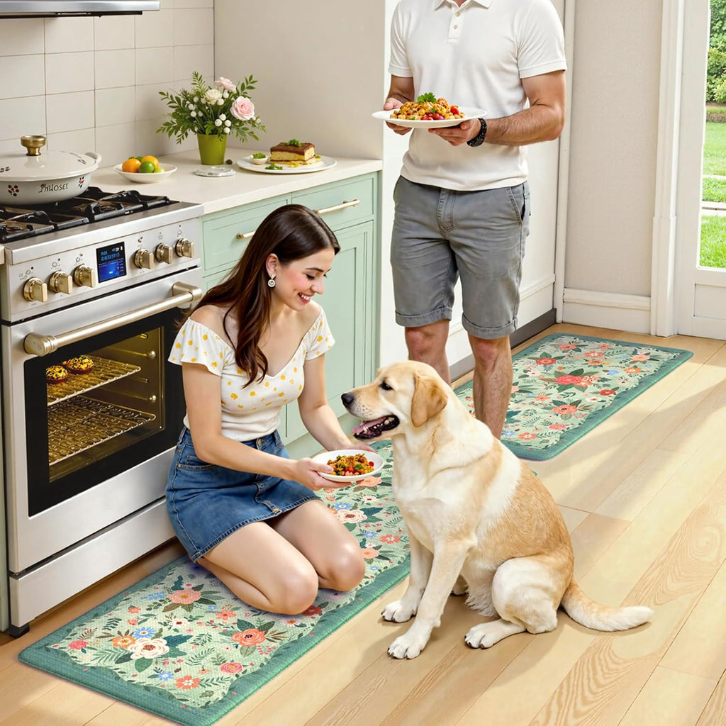 Anti Fatigue Mats Floor Green Farmhouse Kitchen Rugs | 17"x47"+17"x29" Kitchen Rugs Sets of 2 Cushioned Kitchen Floor