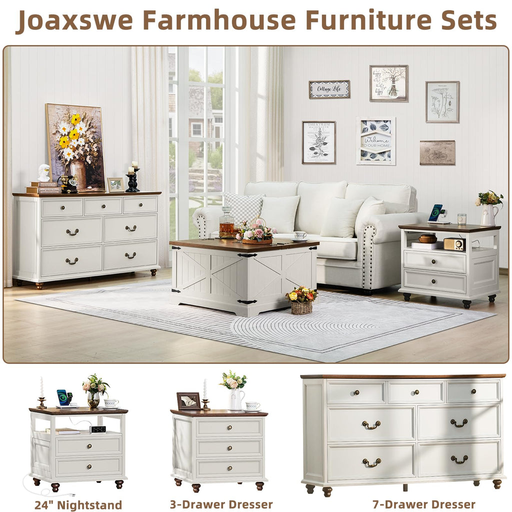 Farmhouse 54" 7 Drawers Dresser, White Wood Chest of Drawers w/ 4 Wooden Legs, Vintage Closet Storage Dressers