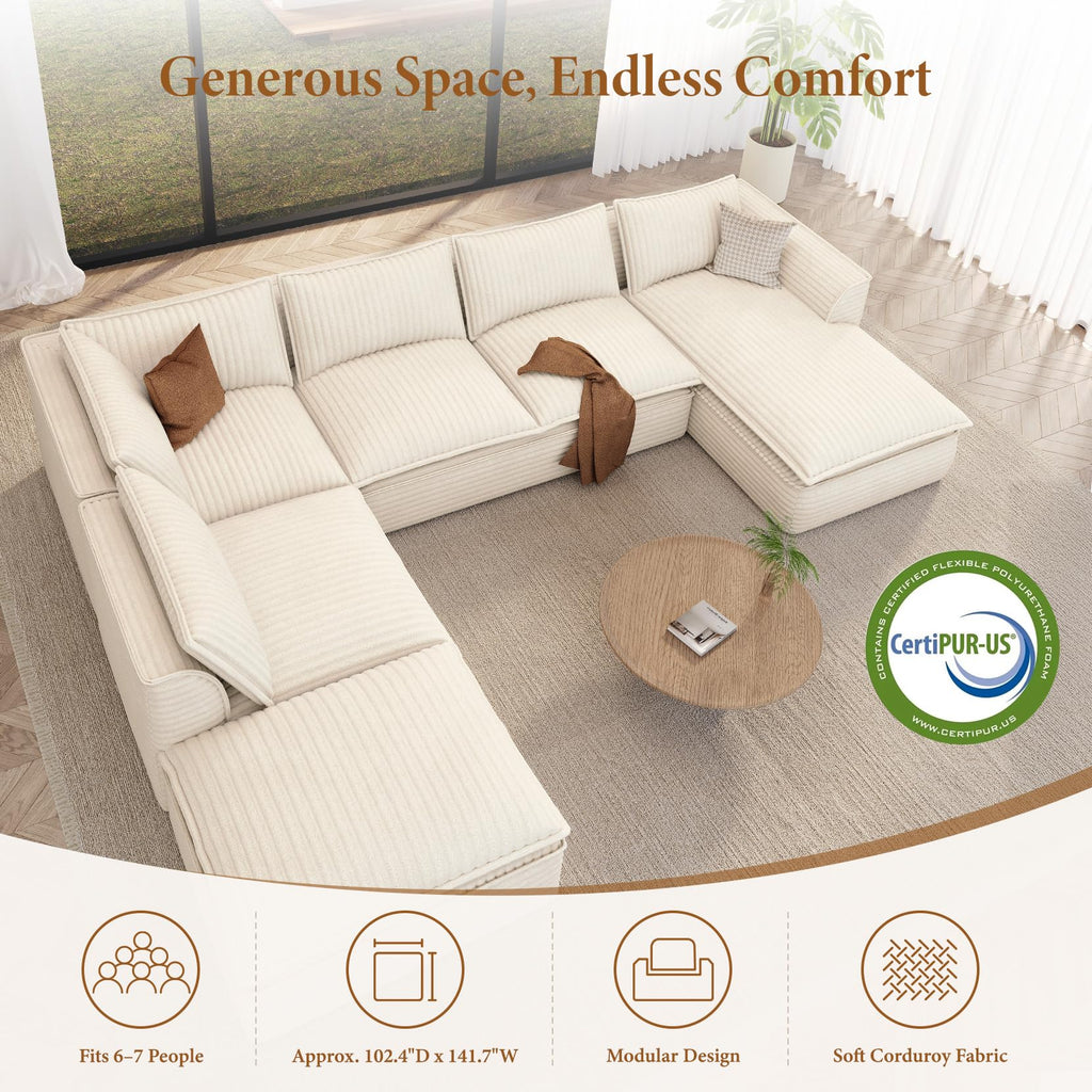142" 7 Seater Large Boneless Modular Couch, White Plush Corduroy