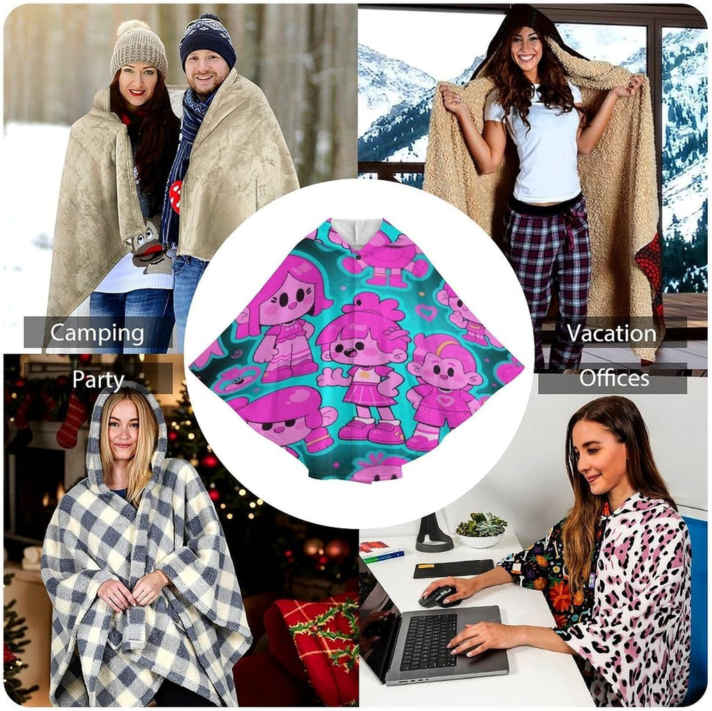 Cartoon Print Wearable Blanket Hoodie Flannel Hooded Blanket | Sweatshirt Oversized Cozy Sweater Gift