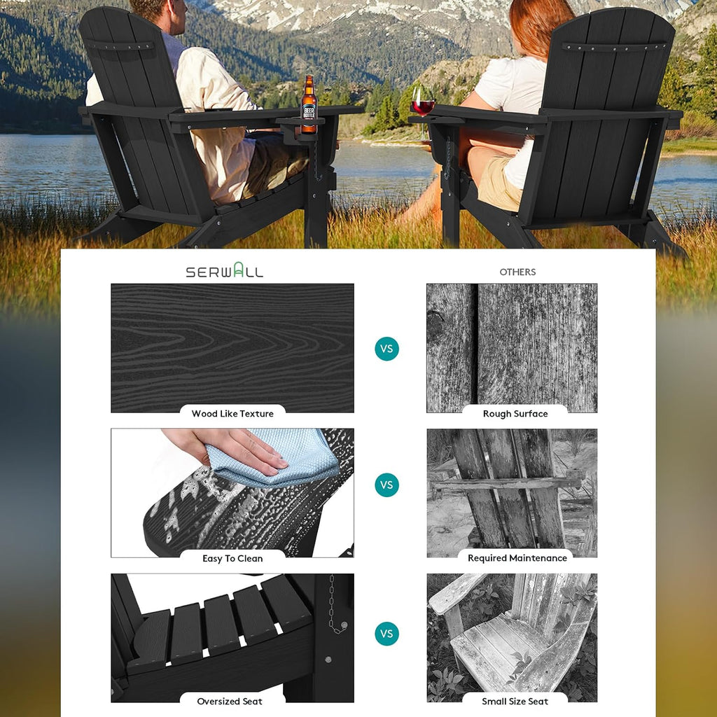 Outdoor Adirondack Chair Set of 2 with 2 Cup Holders,Foldable,Black | HDPE Composite,Waterproof,Wood Grain,Cup &