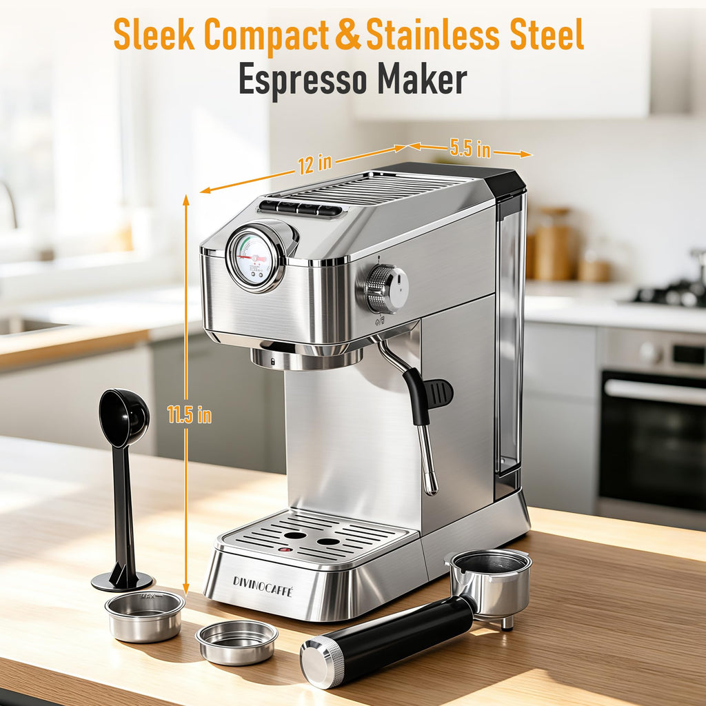 Compact Espresso Machine with Milk Frother and Pressure Gauge, 20 Bar Pump