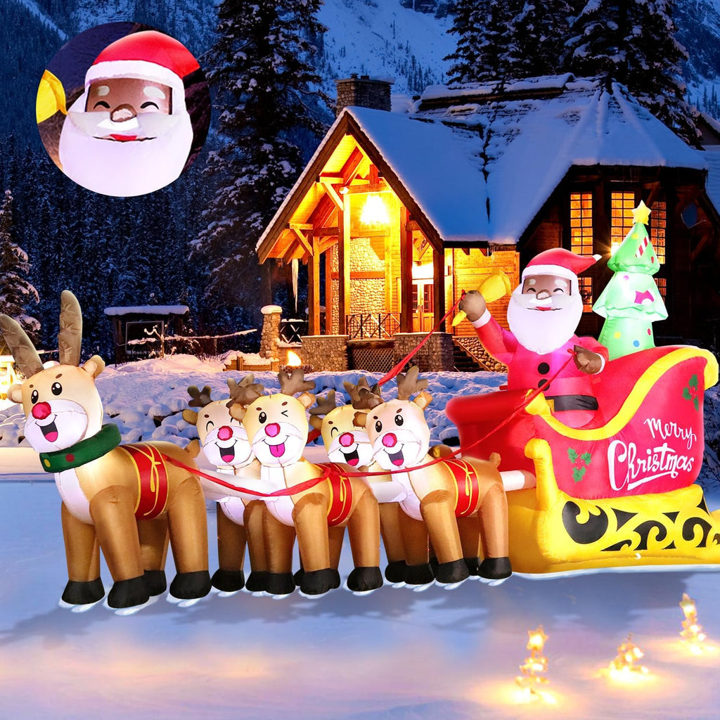 12FT Christmas Inflatables Black Santa Sleigh, Black Santa Claus on Sleigh with Five Reindeers Blow up Giant Yard
