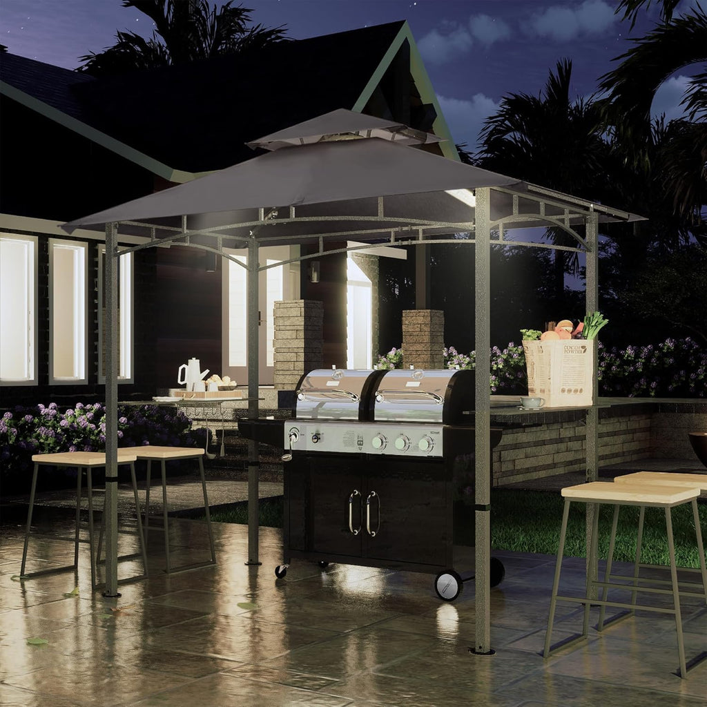 8'x 5' Grill Gazebo Double Tiered Outdoor BBQ Gazebo Canopy with LED Light (Gray)