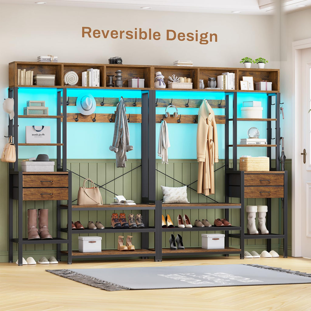 Hall Tree with Bench and Shoe Storage, 7-in-1 Entryway Bench with Coat Rack, 3 Storage Cubbies, 3 Open Shelves, 17