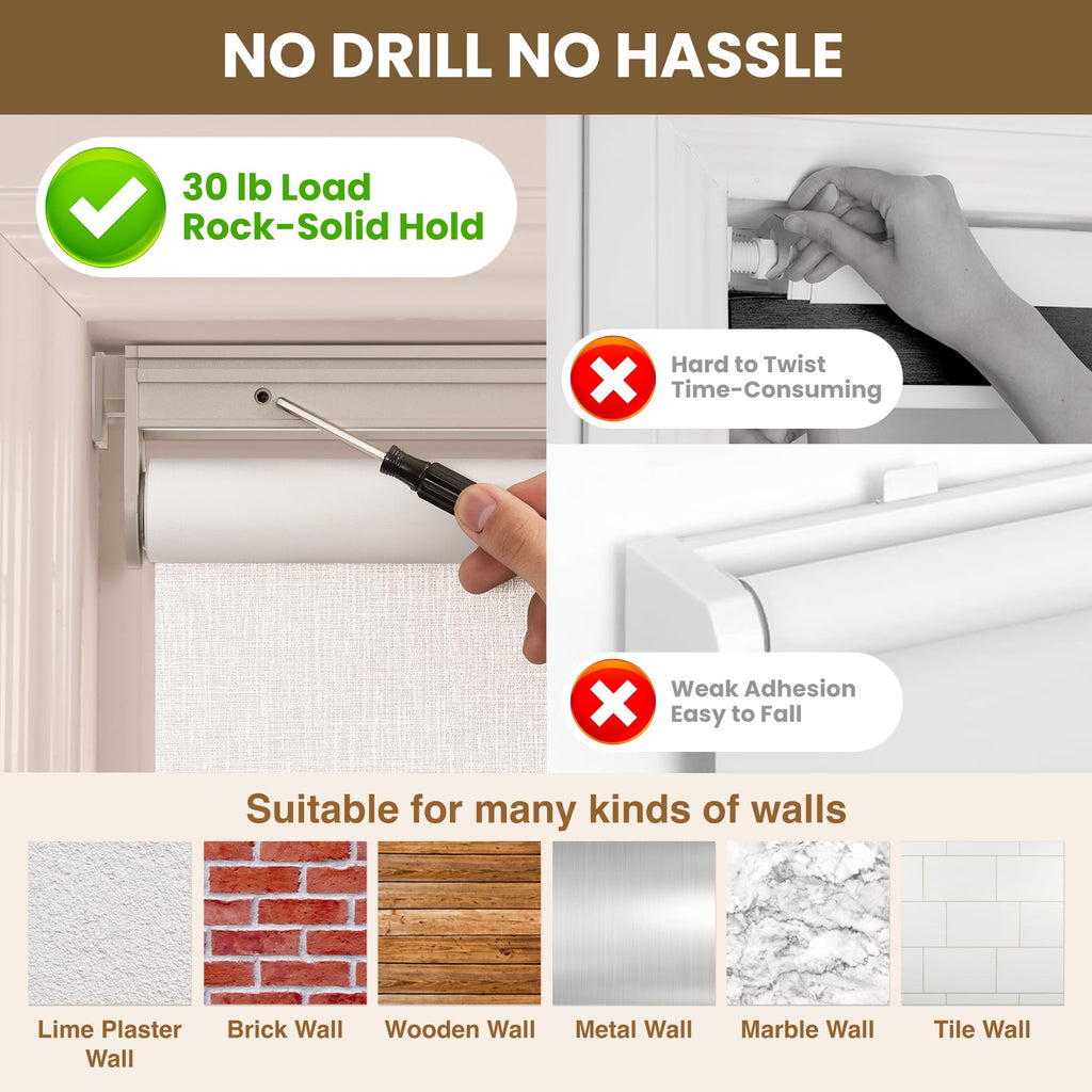 No Drill Cordless Blackout Roller Shades, White