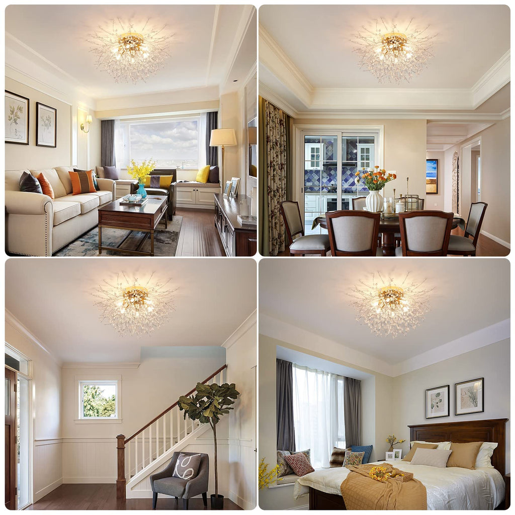 6-Light Sputnik Flush Mount Ceiling Light Fixture, Modern Gold Crystal Firework Ceiling Lights, Close to Ceiling Lamp