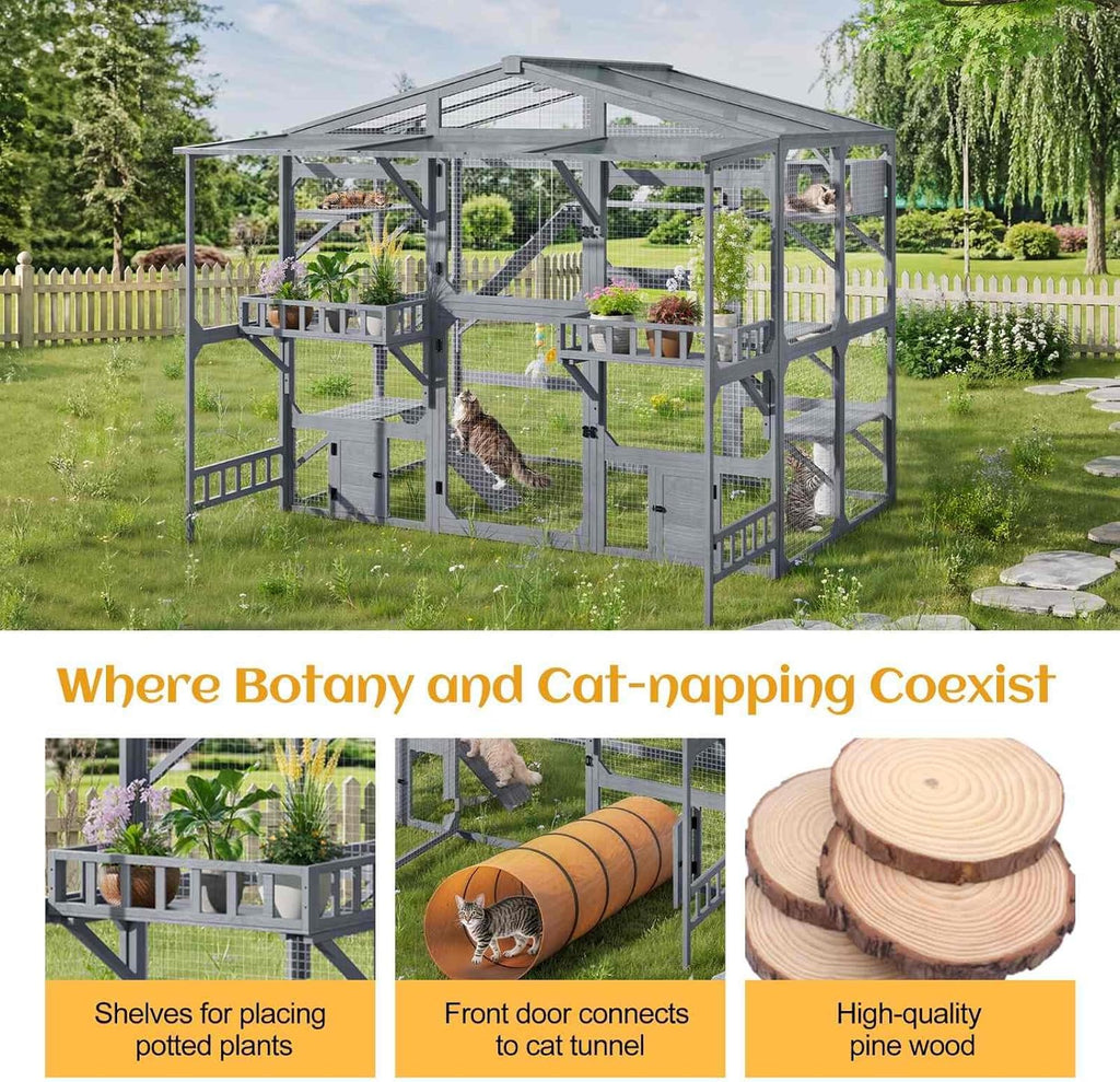 Large Outdoor Catio Cat Enclosure, Solid Wood, Grey