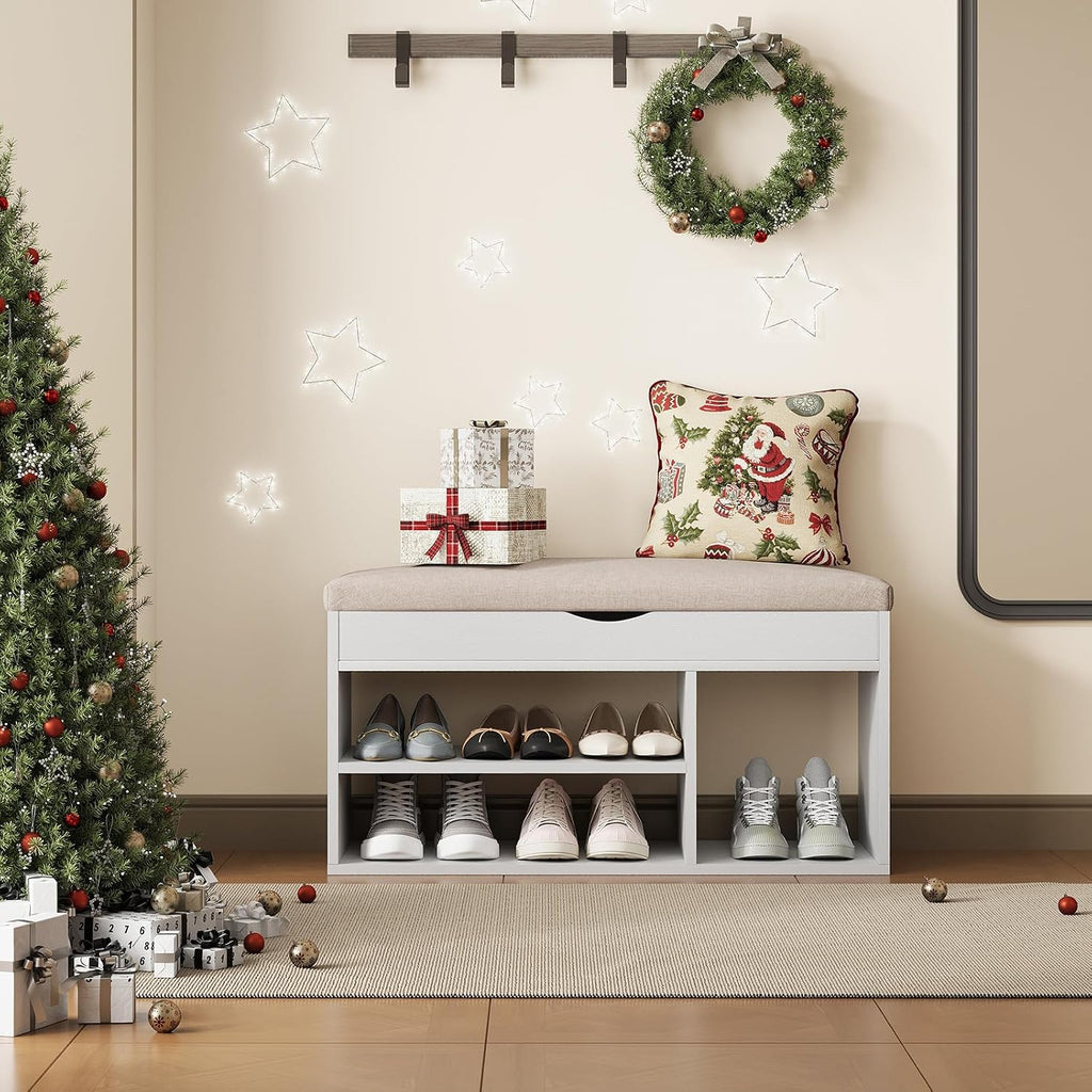 31 Inches Storage Bench with Padded Cushion, Shoe Bench with Storage Space, Upholstered Entryway Bench , 2-Tier Shoe