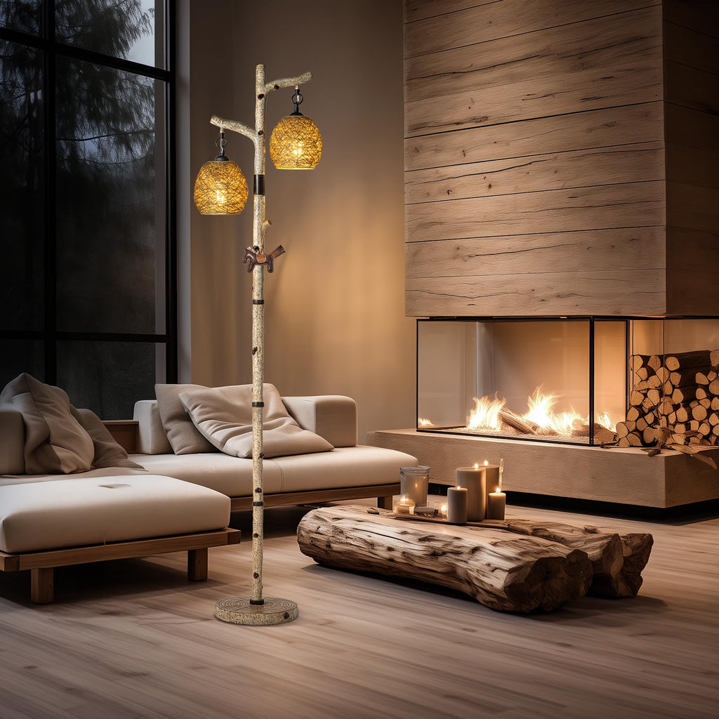 68.5" Rustic Floor lamp with Remote Control, Bird Nest Lantern