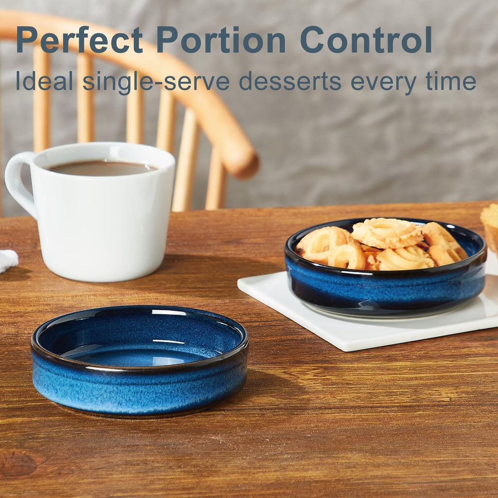 4 oz Oven Safe, Ceramic for Creme Brulee, Custard, Pudding, Souffle, Blue Shallow Ramekin Dishes, Small Porcelain