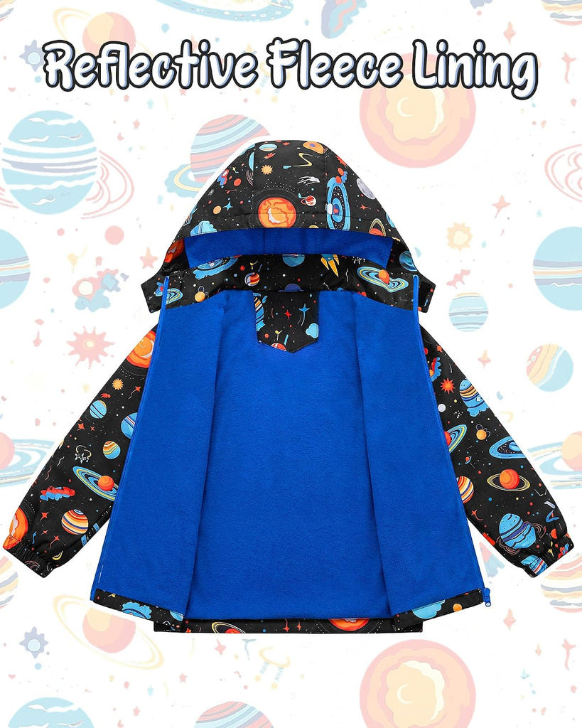 Boys Rain Jacket Waterproof Raincoats for Kids with Detachable Hood Fleece Lined Lightweight Windbreaker