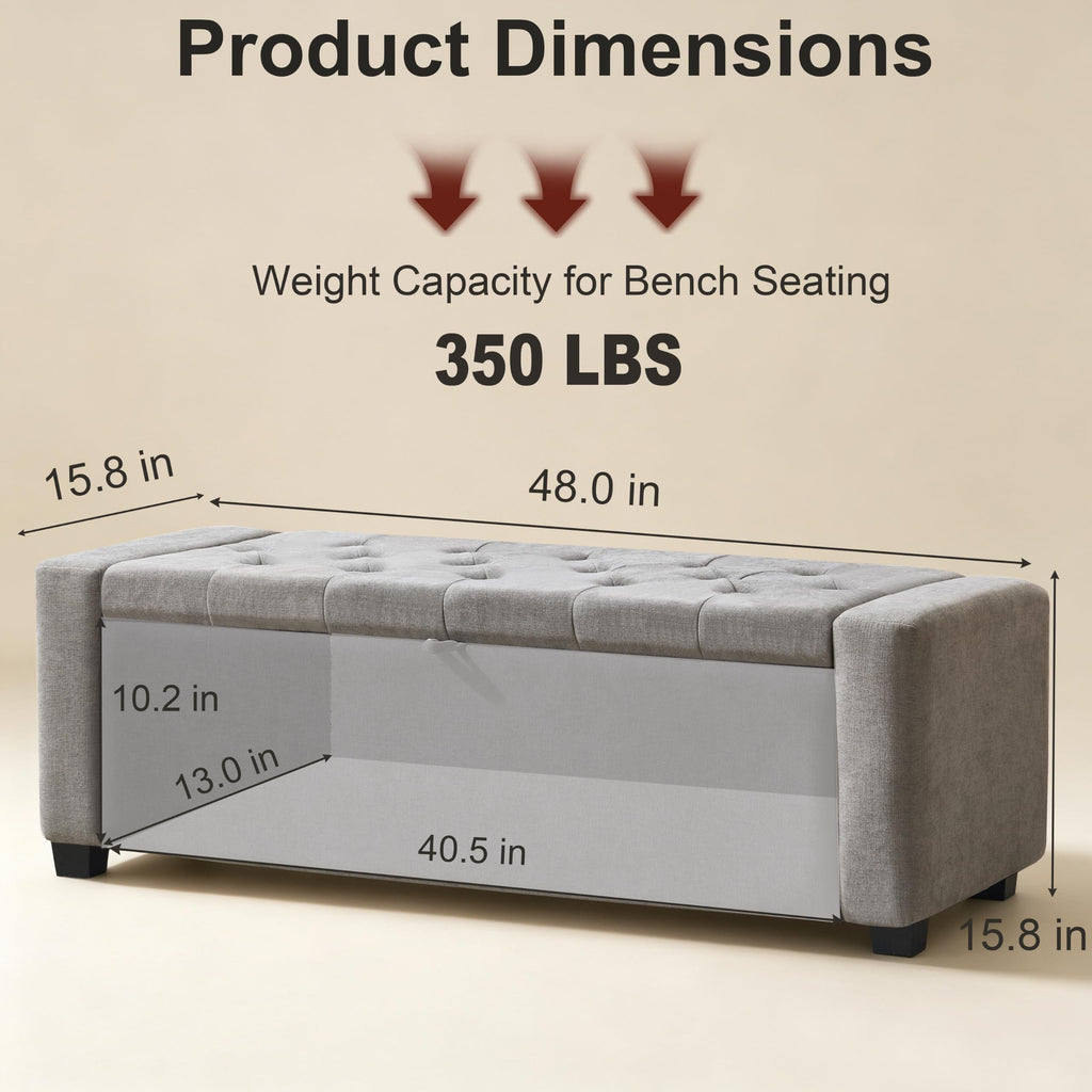 48" Ottoman with Storage, Tufted Linen Storage Ottoman Bench, Gray