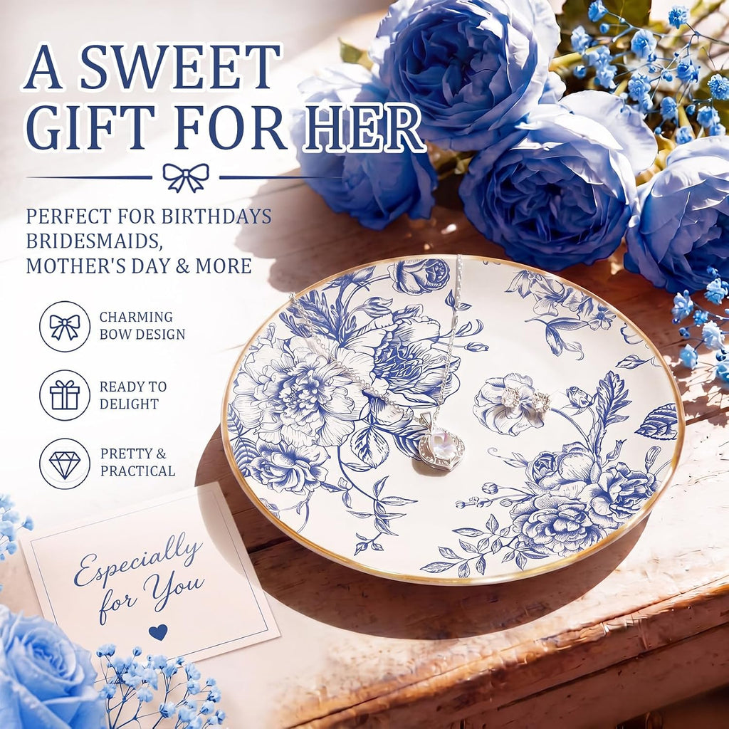 Floral Ceramic Jewelry Tray Ring Holder Trinket Dish for Rings Earrings Necklaces Tray Gift for Women Girls (Blue)