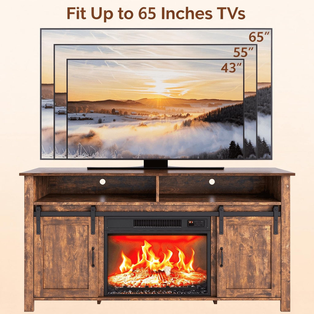 58" Fireplace TV Stand for up to 65" TVs, 1 Package, Farmhouse Brown