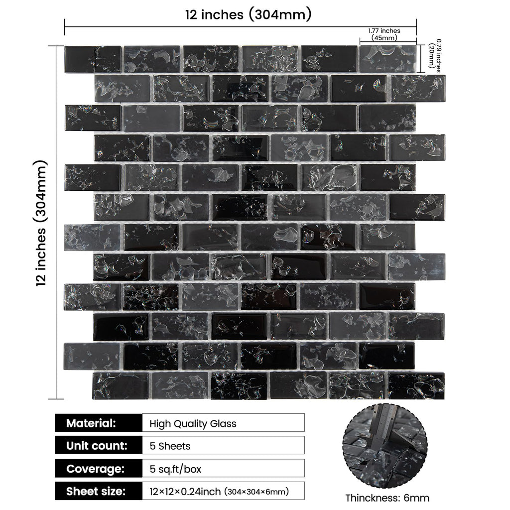 Glass Mosaic Tile Backsplash Black 12 Inch 5 sq.ft