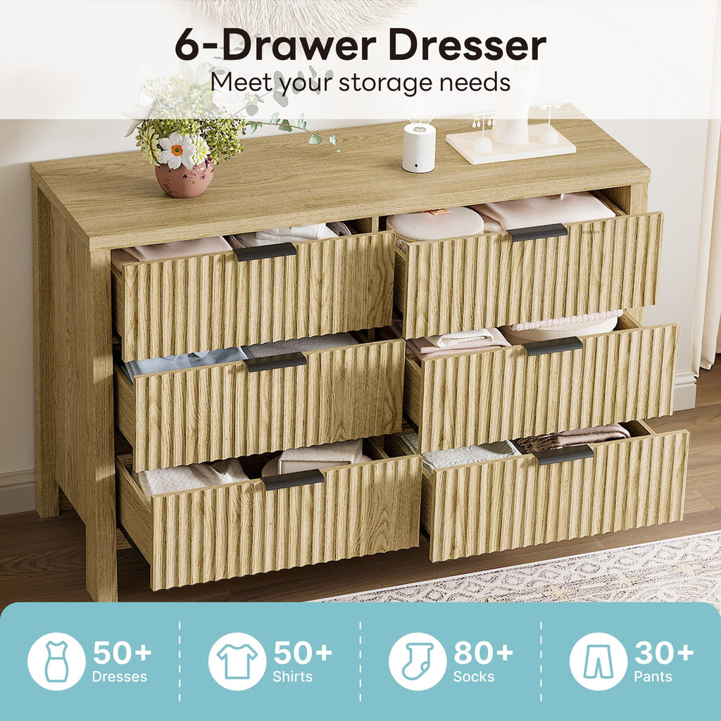 Fluted 6 Drawers Dresser, Natural Oak
