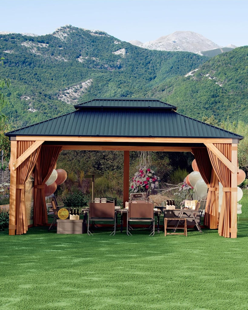 10x12 ft Hardtop Wood Gazebo for All Weather, Double Metal Roof, Heavy Duty Cedar Frame, Curtains & Netting