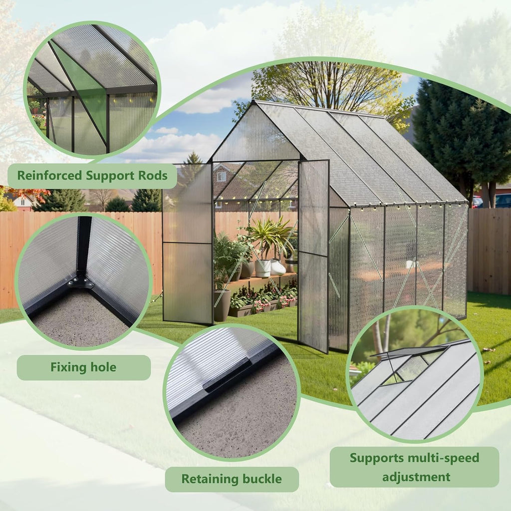8x8 FT Greenhouse for Outdoors, Heavy-Duty Polycarbonate Greenhouse | Backyard Greenhouse Kit with Adjustable Roof
