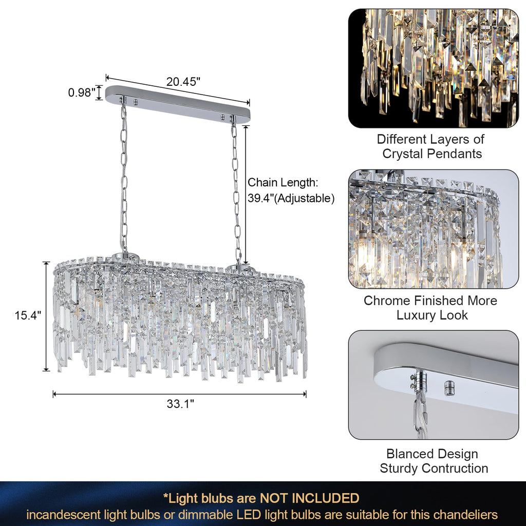 Rectangular Crystal Chandelier Modern Chrome Chandelier Linear Rectangle Pendant Light Fixtures Island L33" K9 Luxury