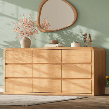 Modern 63" Wide 9 Drawers Dresser with Curved Profile Design, Oak